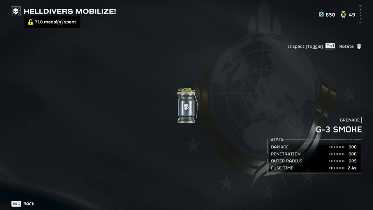 Helldivers 2 best weapons: A player checks out the Smoke Grenade in the Warbonds menu. Image captured by VideoGamer.