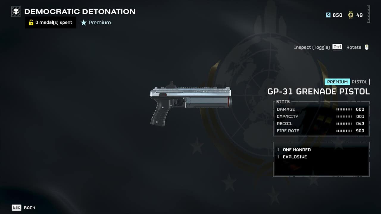 Helldivers 2 best weapons: A player checks the GP-31 Grenade Pistol in the armory. Image captured by VideoGamer.