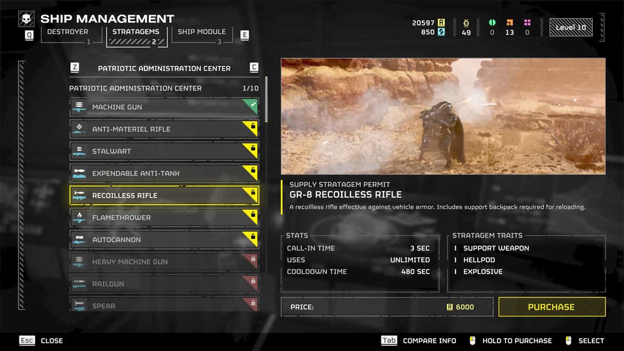 Helldivers 2 best weapons: A player checks out the Recoilless Rifle in the ship management menu. Image captured by VideoGamer.
