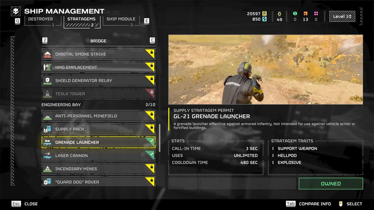 Helldivers 2 best weapons: A player checks out the Grenade Launcher in the stratagems menu. Image captured by VideoGamer.
