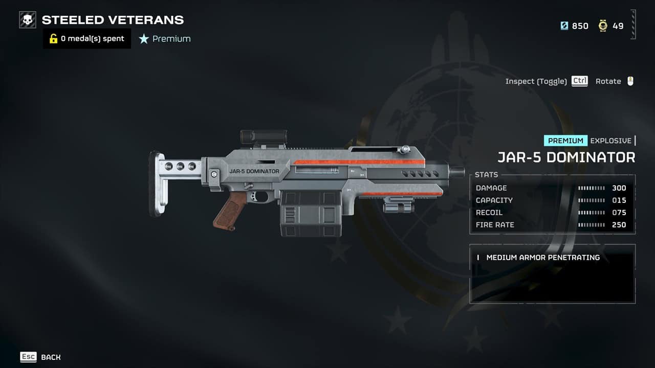 Helldivers 2 best weapons: A player checks out the JAR-5 Dominator in the Warbonds menu. Image captured by VideoGamer.