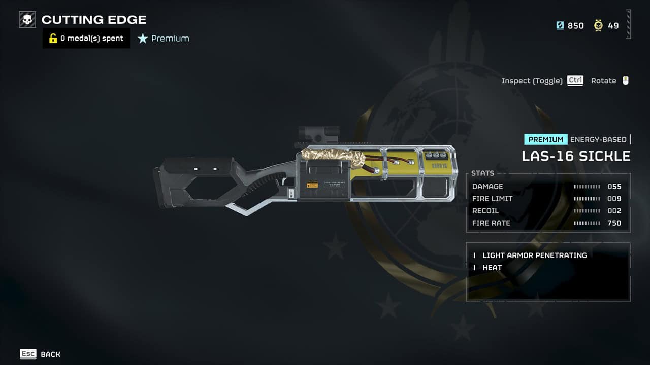 Helldivers 2 best weapons: A player checks out the LAS-16 Sickle in the Warbond menu. Image captured by VideoGamer.