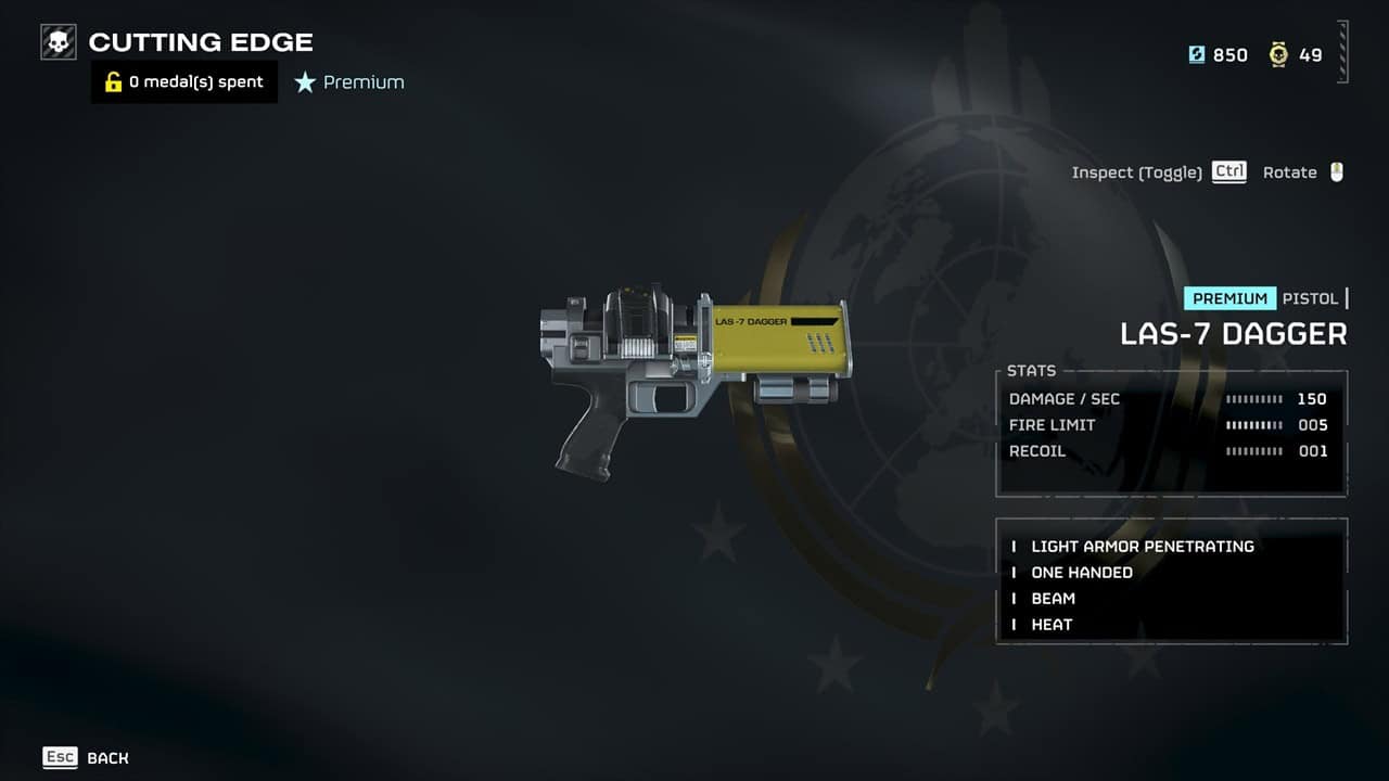 Helldivers 2 best weapons: A player checks out the LAS-7 Dagger in the Warbonds menu. Image captured by VideoGamer.