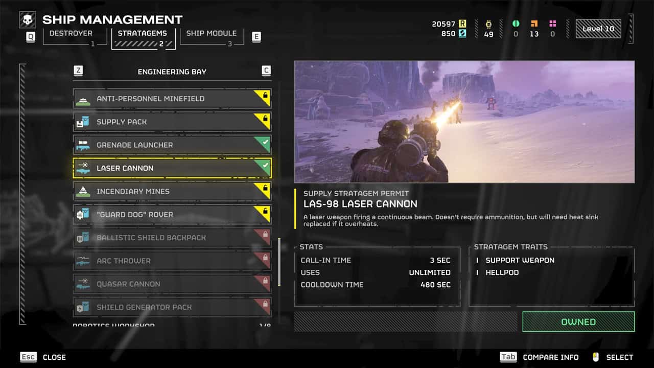 Helldivers 2 best weapons: A player checks out the Laser Cannon in the ship management menu. Image captured by VideoGamer.