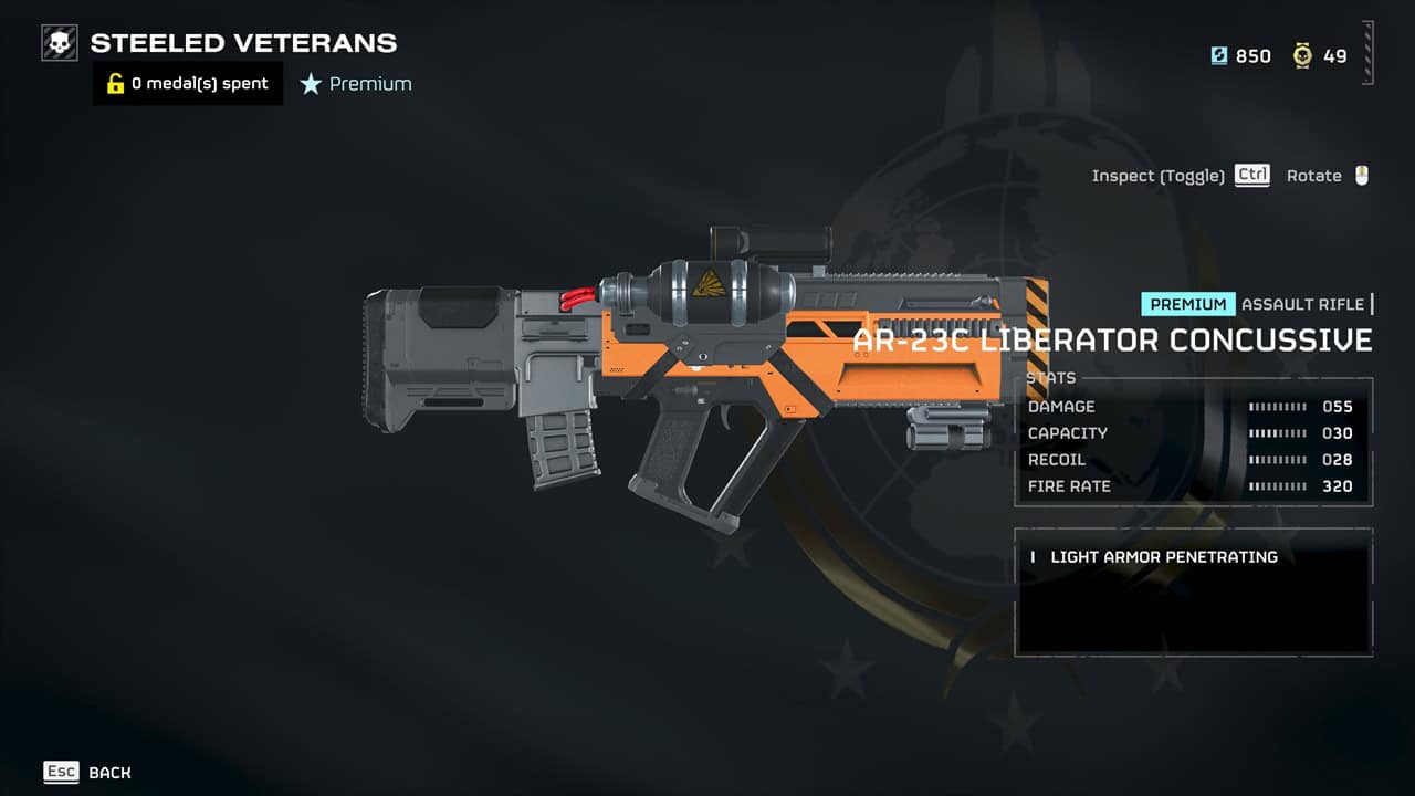 Helldivers 2 best weapons: A player checks out the Liberator Concussive in the Warbonds menu. Image captured by VideoGamer.