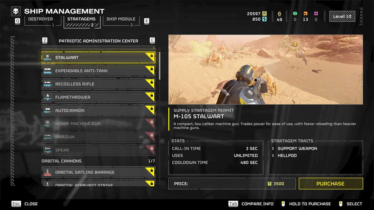 Helldivers 2 best weapons: A player checks out the Stalwart in the ship management menu. Image captured by VideoGamer.
