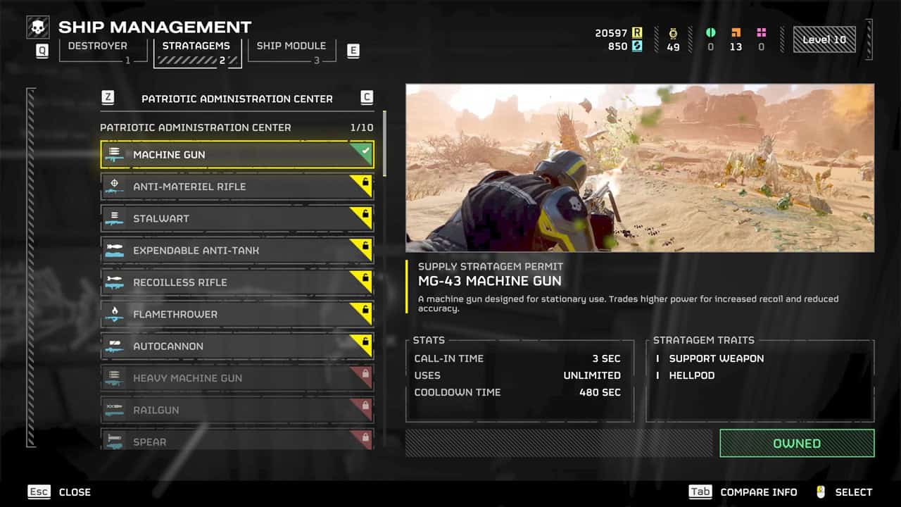 Helldivers 2 best weapons: A player checks the Machine Gun in the ship management menu. Image captured by VideoGamer.