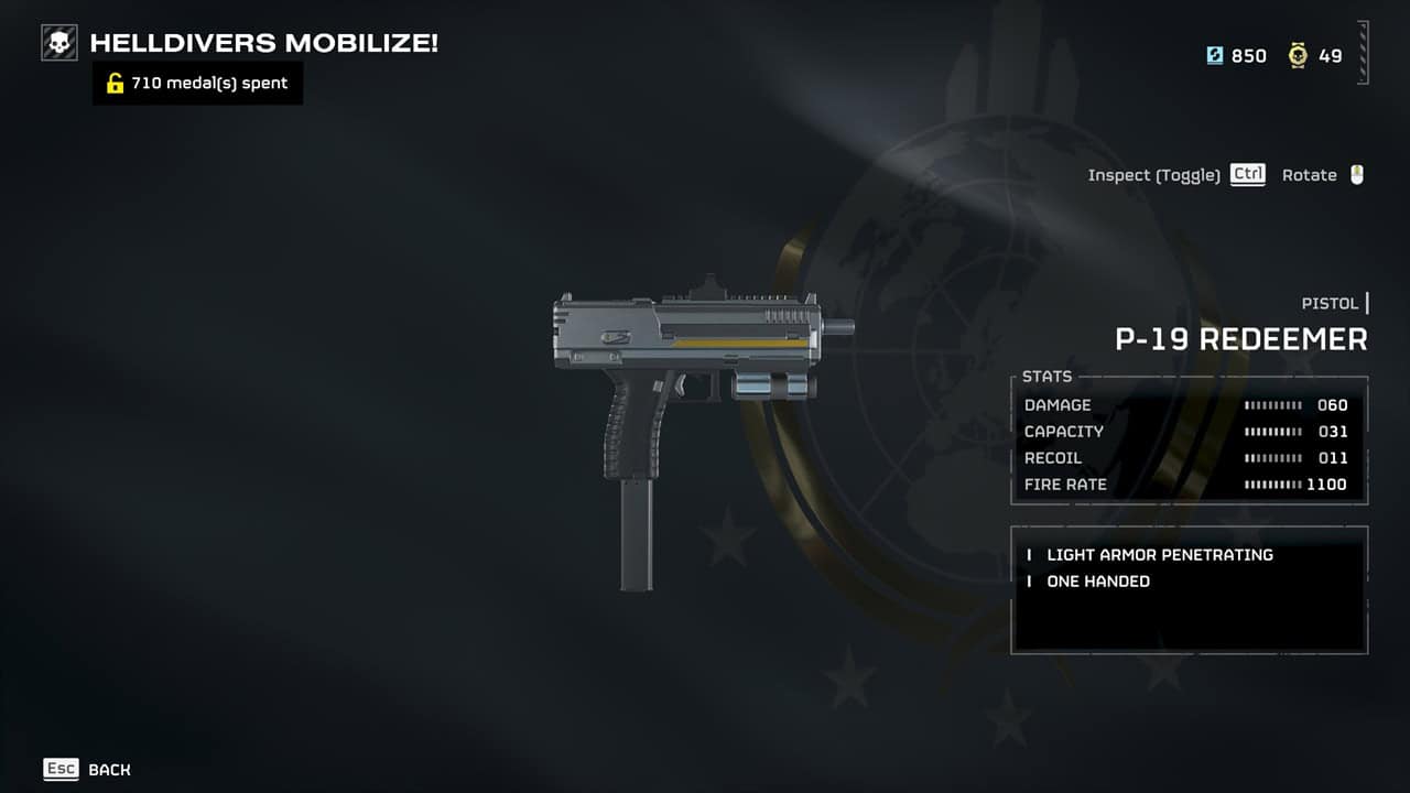 Helldivers 2 best weapons: A player checks out the P-19 Redeemer in the armory. Image captured by VideoGamer.