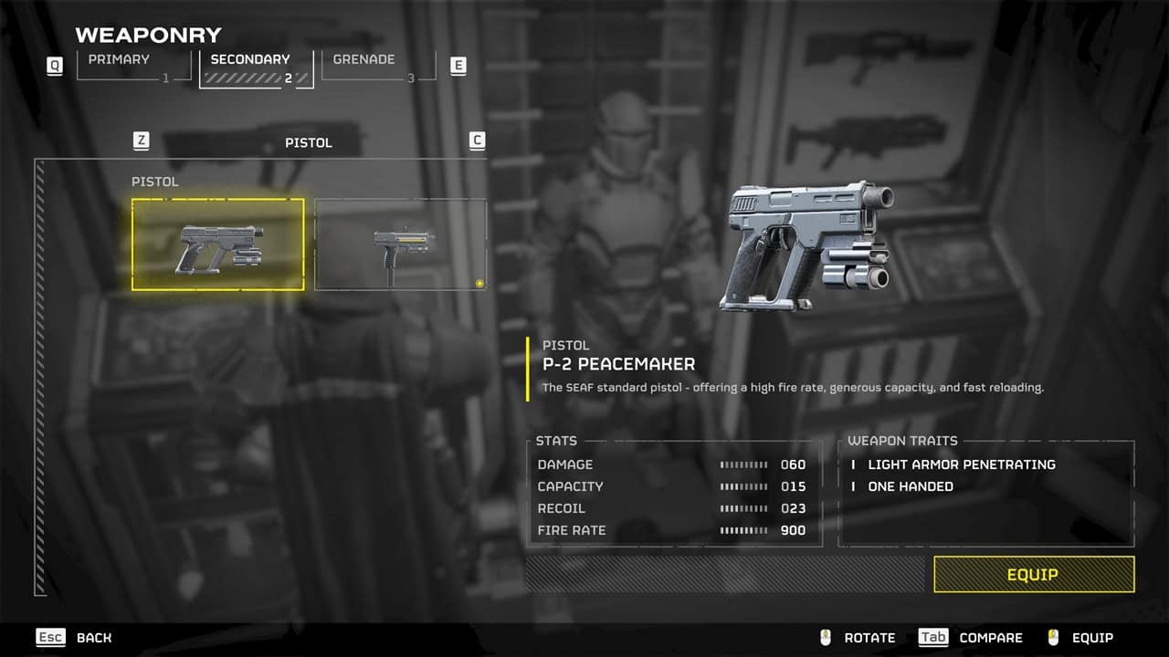 Helldivers 2 best weapons: A player checks the Peacemaker in their loadout. Image captured by VideoGamer.