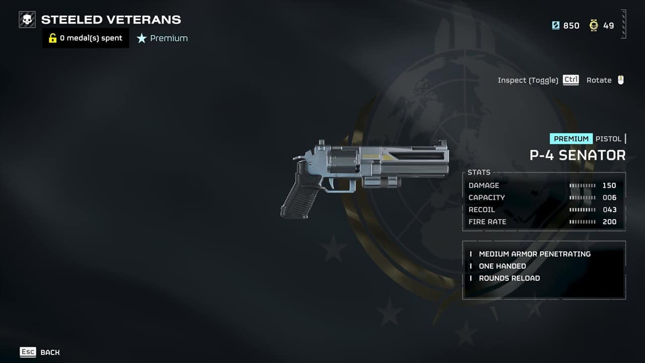 Helldivers 2 best weapons: A player checks out the Senator weapon in the Warbonds menu. Image captured by VideoGamer.
