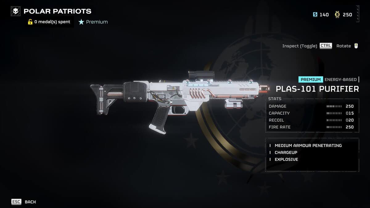 Helldivers 2 best weapons: A player checks out the PLAS-101 Purifier in the Warbonds menu.