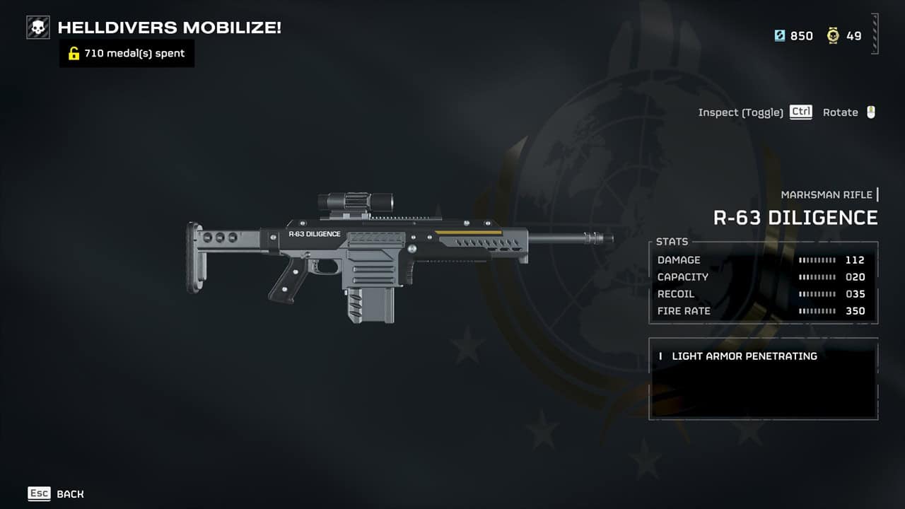 Helldivers 2 best weapons: A player checks the R-63 Diligence weapon in the Warbonds menu. Image captured by VideoGamer.