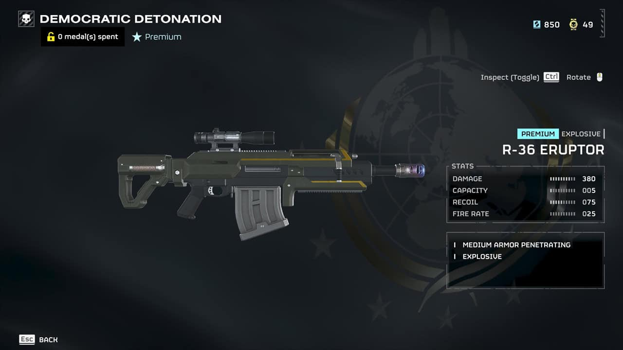 Helldivers 2 best weapons: A player checks out the Eruptor rifle in the Warbond menu. Image captured by VideoGamer.