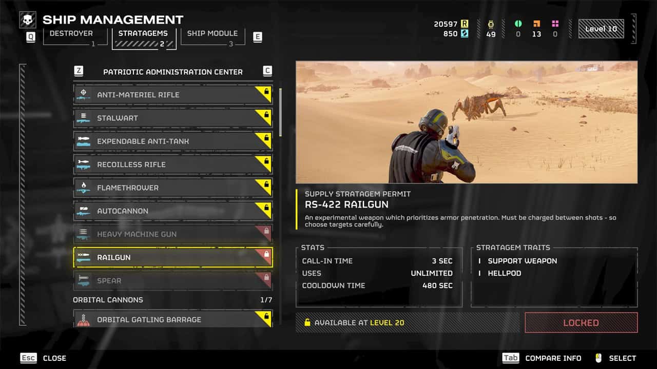 Helldivers 2 best weapons: A player checks out the Railgun in the ship management menu. Image captured by VideoGamer.
