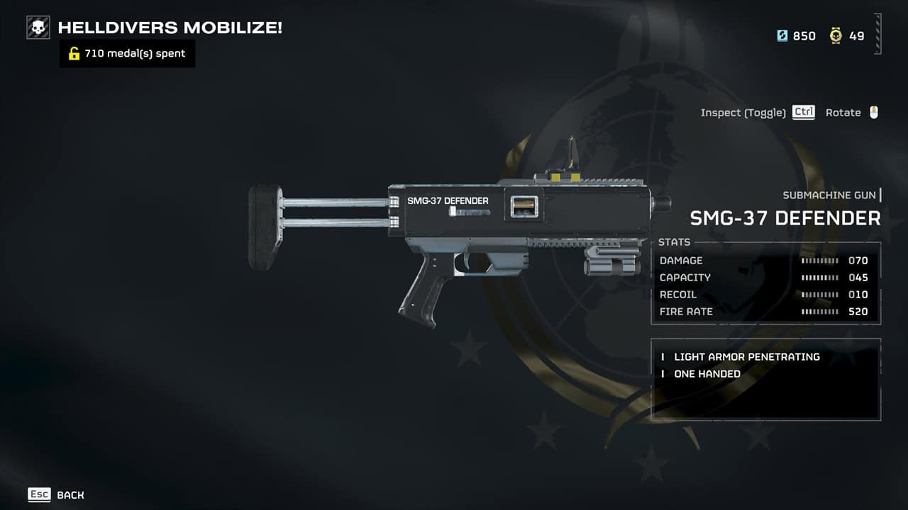 A digital image of the SMG-37 Defender, a submachine gun from the game Helldivers 2, displayed with its stats and features.