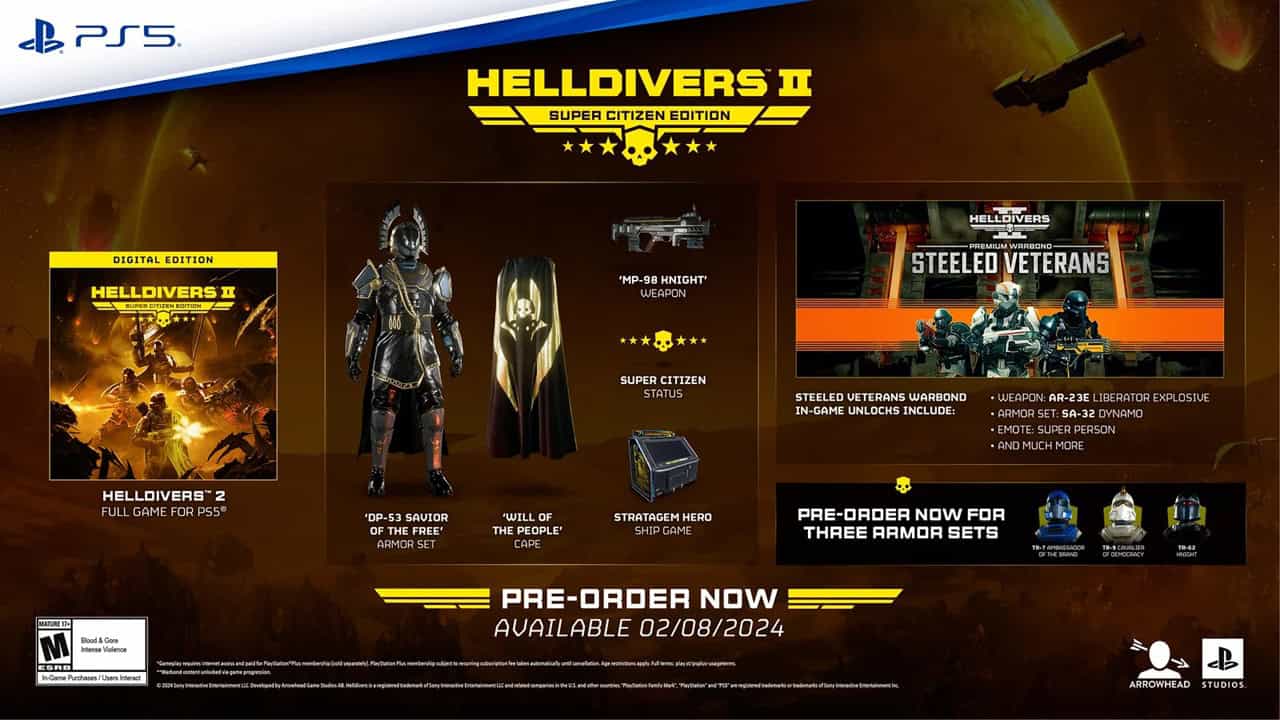 Helldivers 2 best weapons: A promotional image of the Super Citizen Edition, featuring the MP-98 Knight weapon. Image via Arrowhead Game Studios.