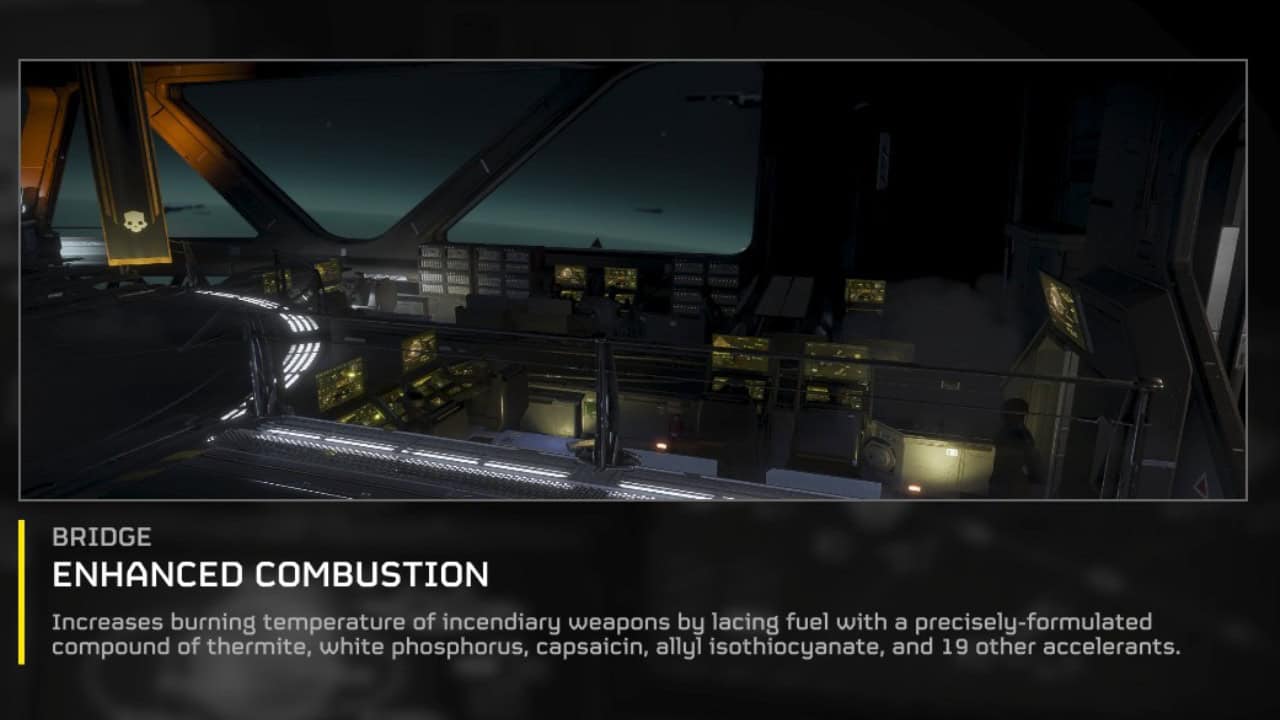 Helldivers 2 game interface showing a futuristic bridge with large windows overlooking space, with descriptive text on weapon enhancements below.
