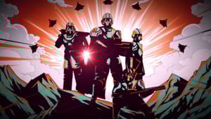 Three Helldivers 2 futuristic soldiers with advanced armor and weapons standing heroically against a backdrop of explosions and flying debris.