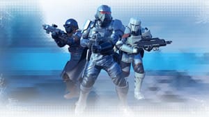 Three futuristic soldiers in armored suits and helmets, wielding advanced firearms, stand ready for combat against a digital blue background as part of the Polar Patriots squad.
