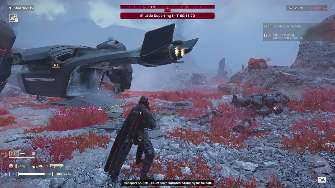 A screenshot of Helldivers 2 where a player is about to head to the extraction point. Image captured by VideoGamer.