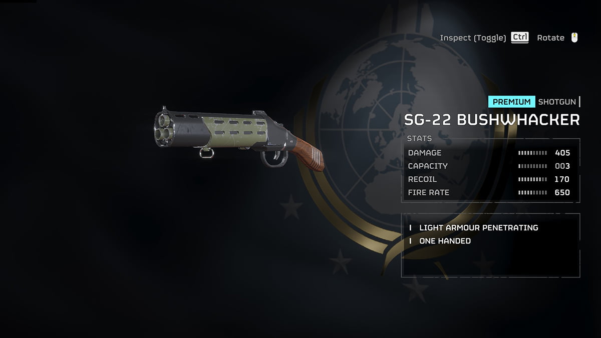 Image of the selection menu with the SG-22 Bushwhacker shotgun and its stats in Helldivers 2.