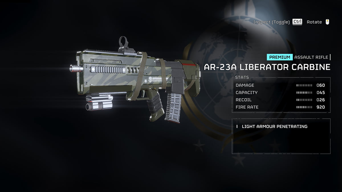Image of the AR-23A Liberator Carbine weapon screen in Helldivers 2.