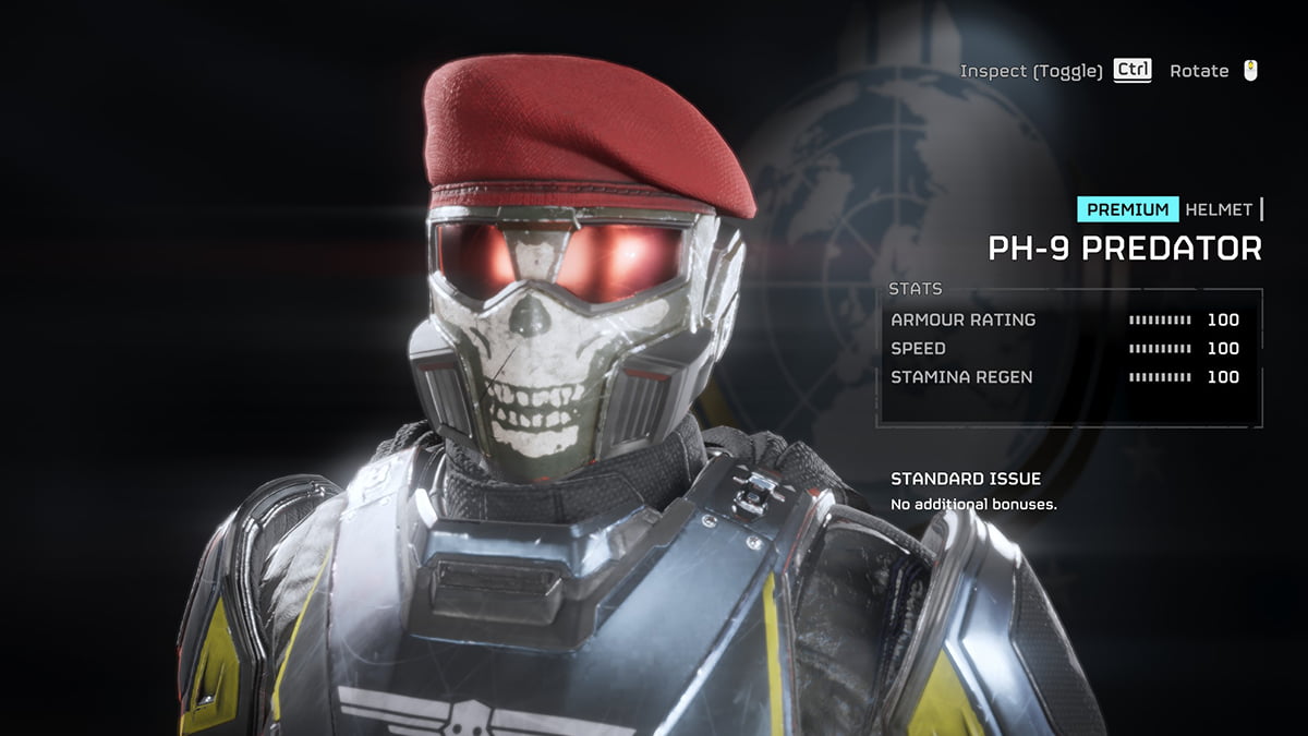 Image of the PH-9 Predator helmet selection screen and stats in Helldivers 2.