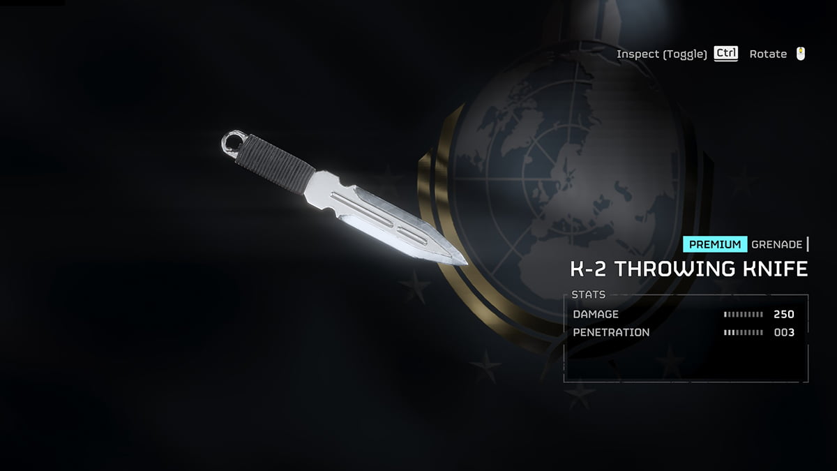 Image of the selection menu with the K-2 Throwing Knife and its stats in Helldivers 2.
