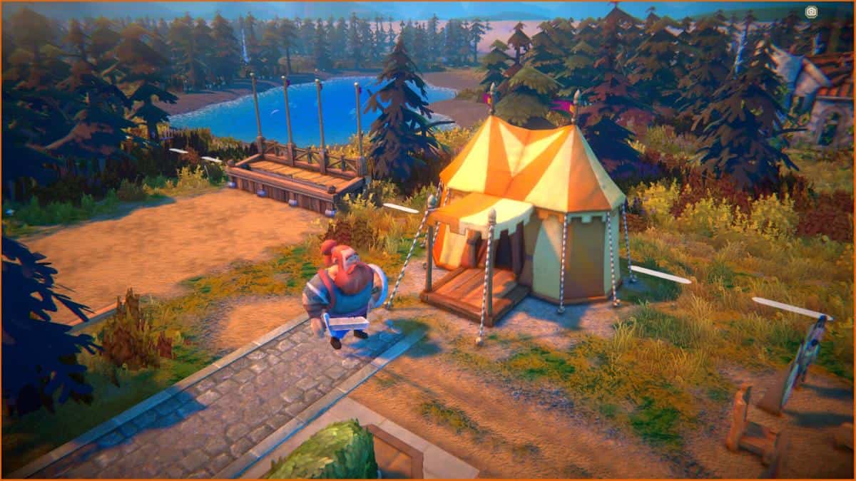 The scene has a vibrant, animated style representing a Hero in Fabledom standing near a yellow tent in a forested area, with a lake and other structures visible in the background.