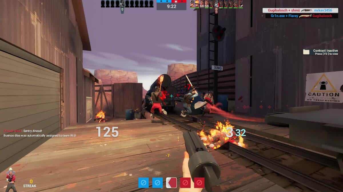 How Valve has treated TF2 is a disgrace: A Scout firing towards two Demoknights as one of them attacks a red Medic.