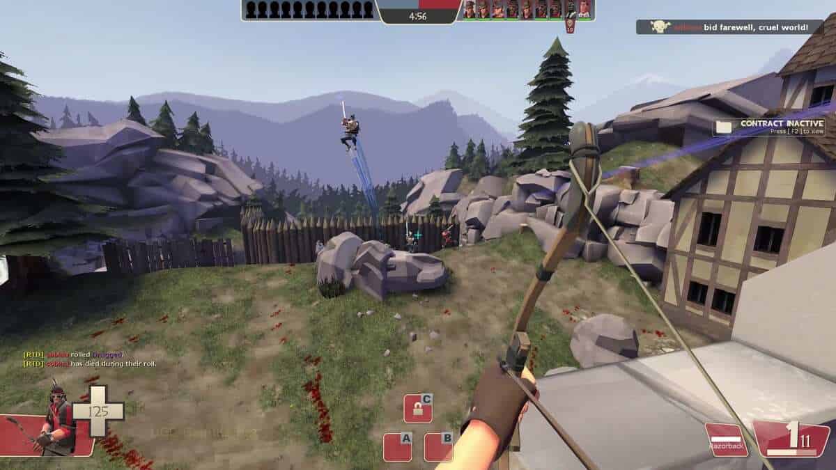 How Valve has treated TF2 is a disgrace: A player with a bow and arrow aiming towards some battlements as a Demoman flies through the air towards them.