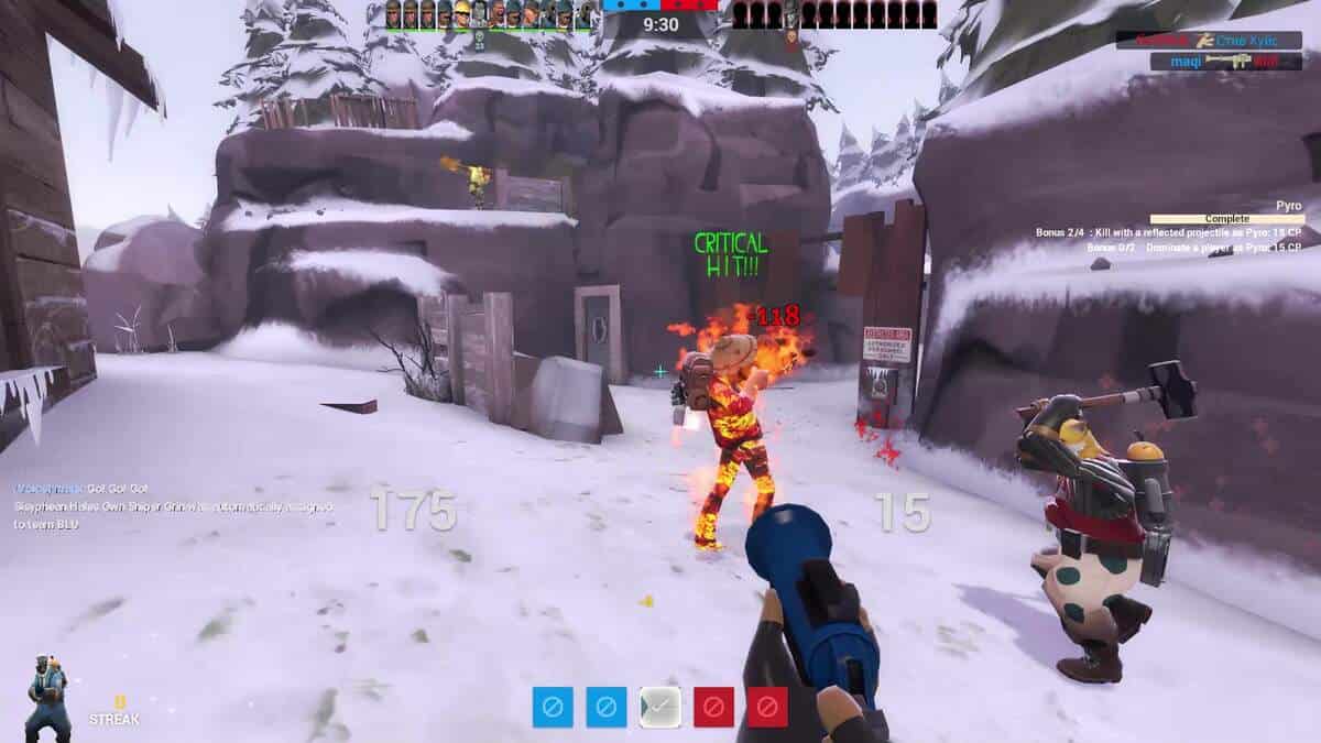How Valve has treated TF2 is a disgrace: A pyro player firing a Flare Gun shot at a Sniper that is on fire.