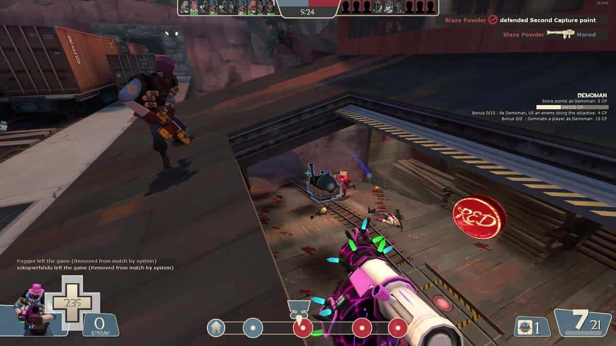 How Valve has treated TF2 is a disgrace: Two Demomen firing stickybombs towards a payload with a lone Soldier next to it.