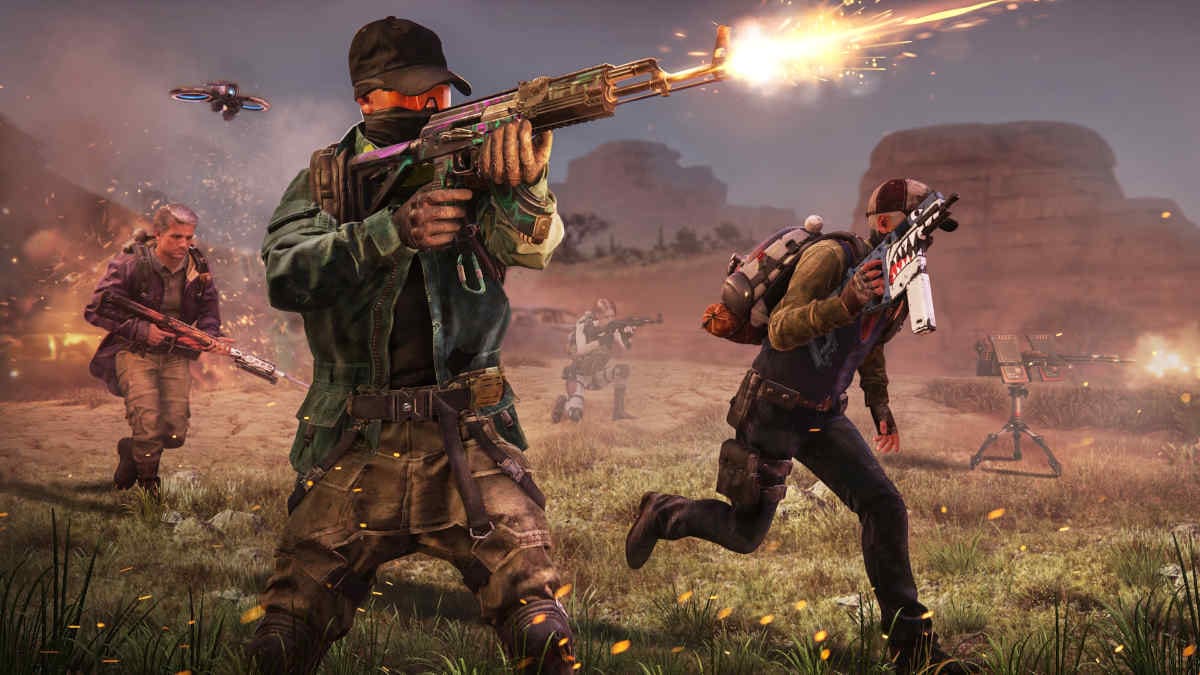 Picture of several survivors firing guns in a post apocalyptic world.