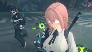 Is Zenless Zone Zero multiplayer: A pink-haired girl with a white shirt and glasses standing next to a black-haired man.