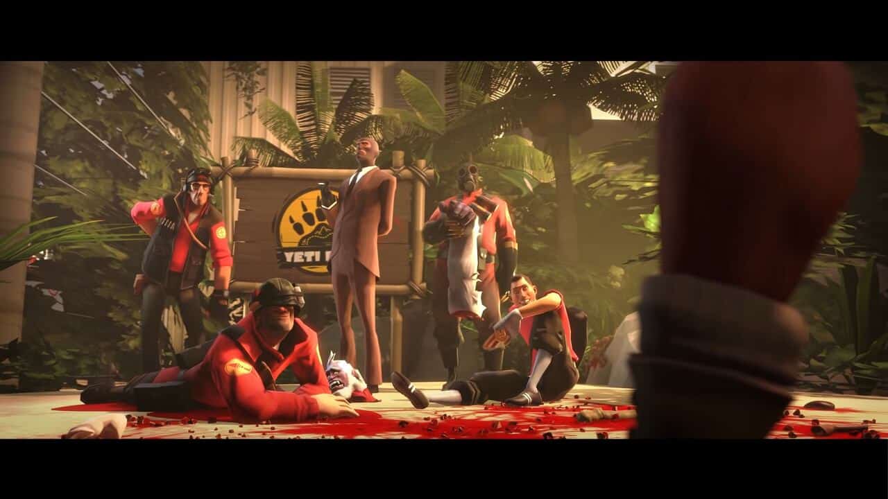 Five Team Fortress 2 mercs standing around the exploded remains of a yeti.