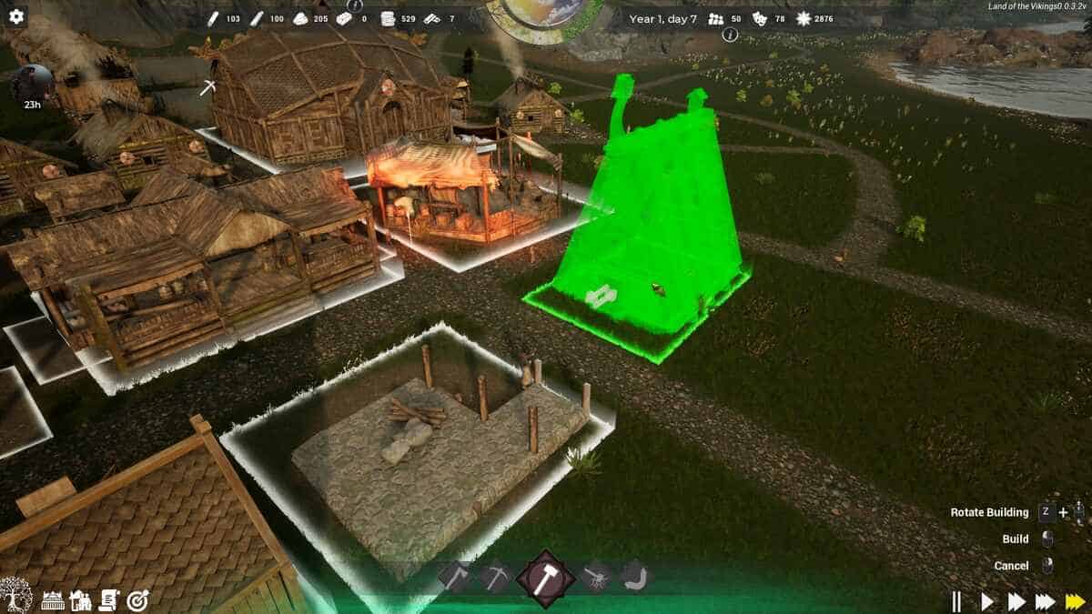 Highlighted green blueprint for new building placement in Land of the Vikings