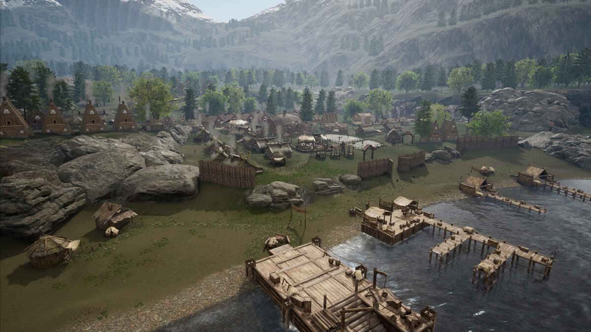 A medieval-style village with wooden structures and docks situated by a river Land of the Vikings