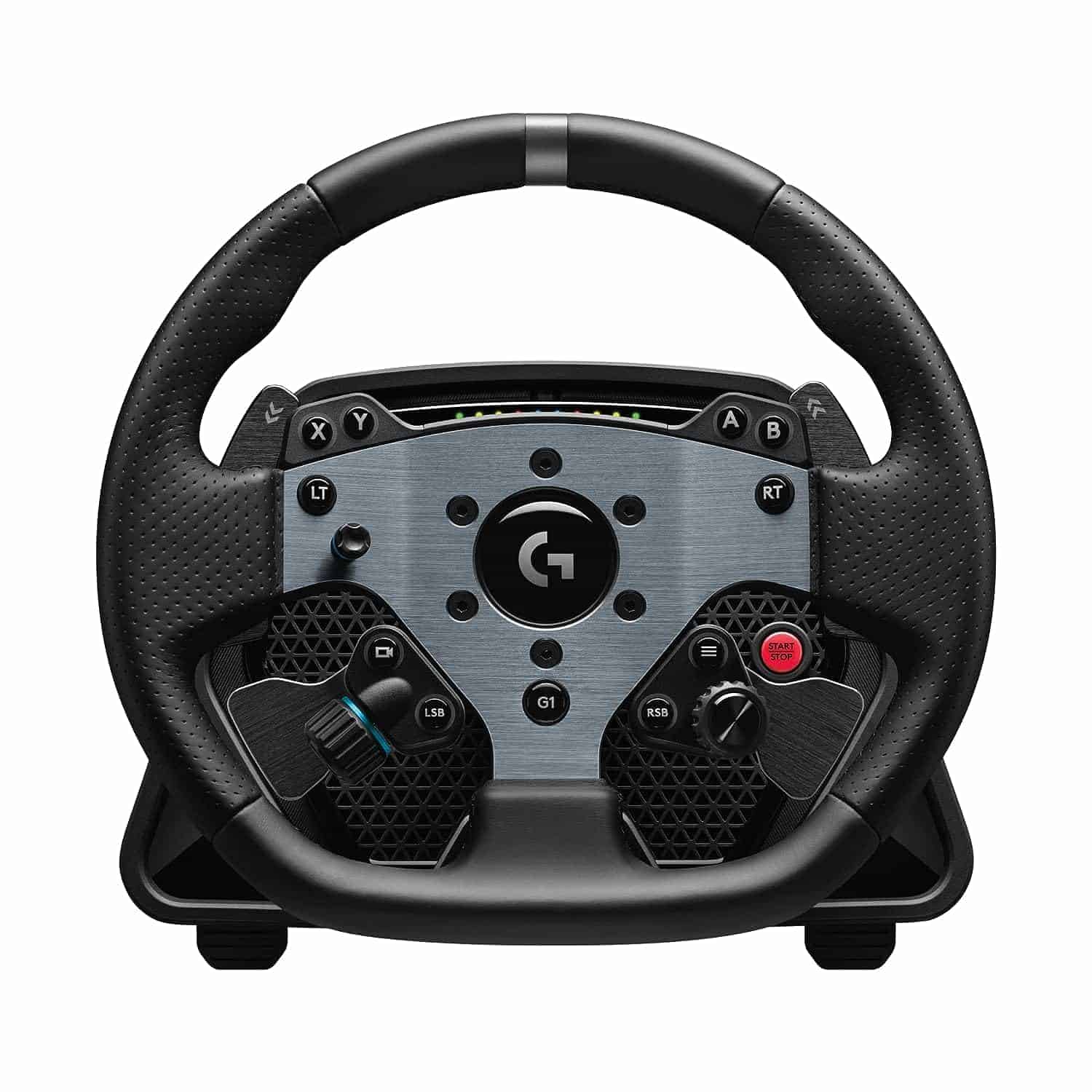 A modern Logitech G Pro Racing Wheel with integrated game controls, featuring a logo in the center and textured grip areas.