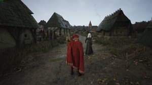 Manor Lords best layout: lord in a red cloak walking on a dirt road in a medieval village.