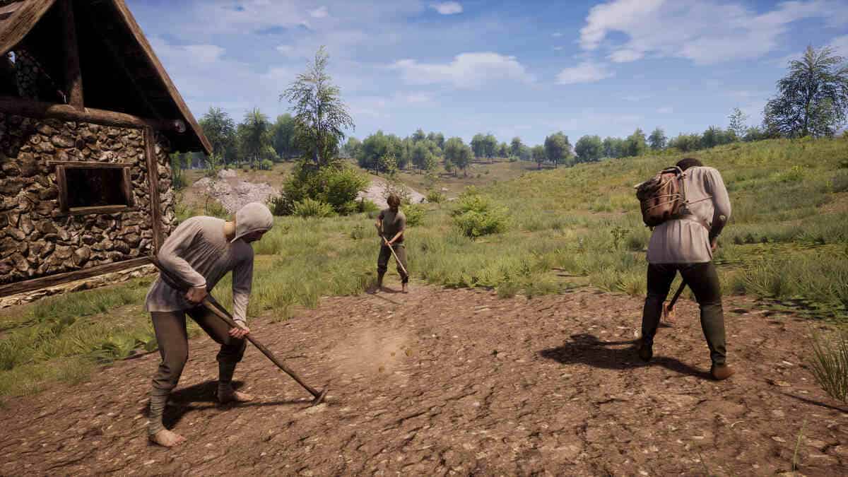 Three people in medieval attire are cultivating a field in Medieval Dynasty