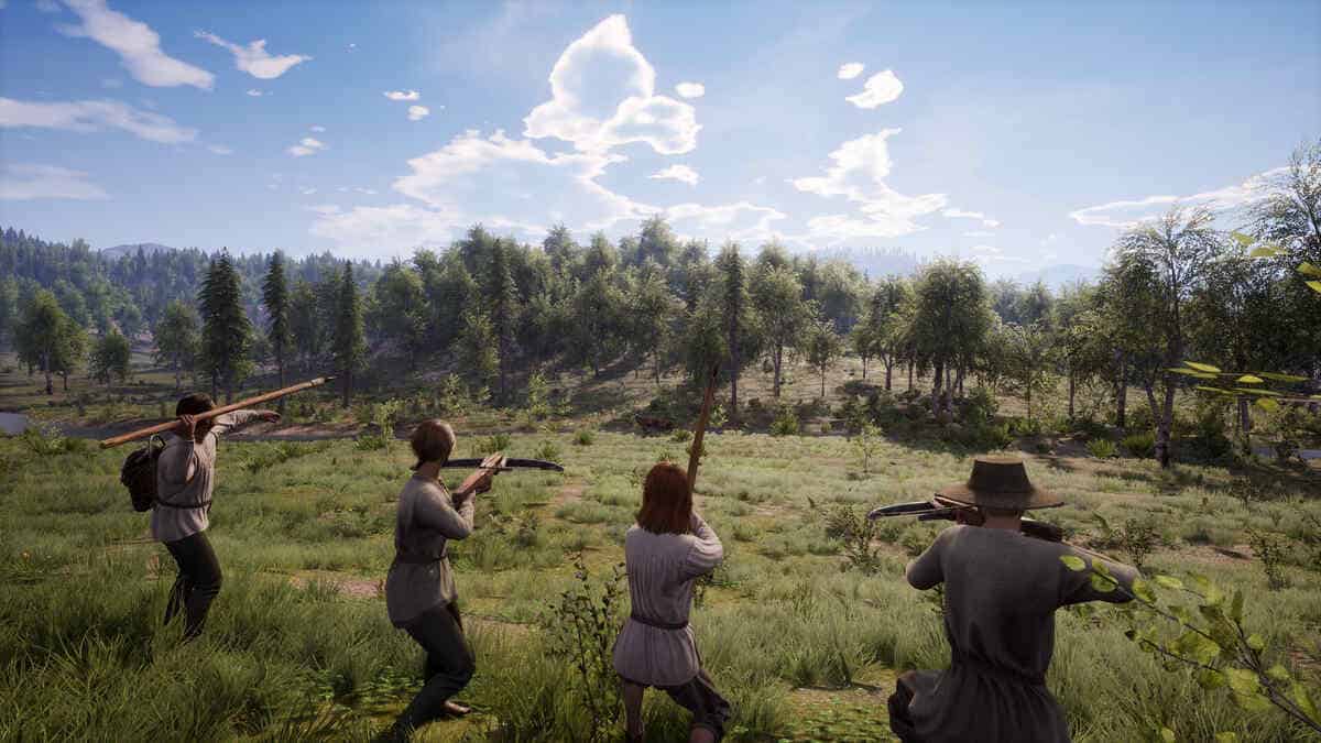 Four people in historical clothing stand in a grassy field aiming weapons towards a forested area in Medieval Dynasty
