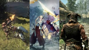 games like elden ring - a collage showing images from Skyrim, Dragon's Dogma 2, and Nioh 2