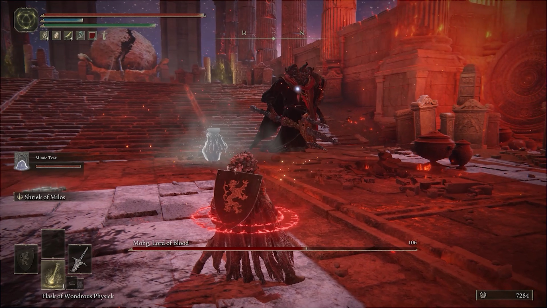 elden ring how to beat mohg - a character stands in front of mogh with red rings around them