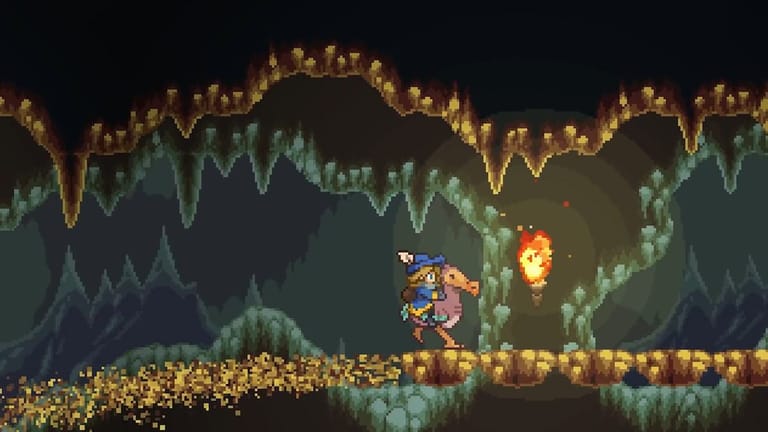 Monster Sanctuary: A character riding a bird in a cave.