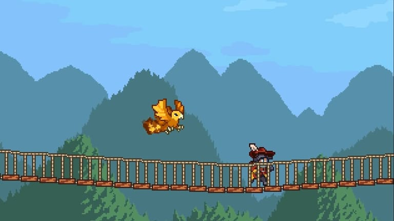 Monster Sanctuary: A character walking across a rope bridge with a golden bird flying behind them.