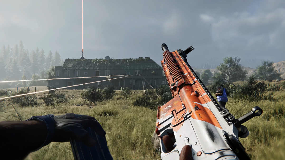 A picture of a firefight between players held up in a base versus those in a field.