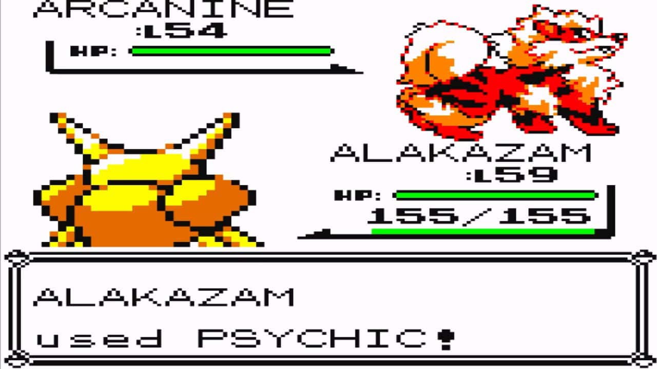 Screenshot of a Pokémon battle showing Alakazam using the move "Psychic" against Arcanine. The tension rises as Arcanine, at level 54, faces off against a formidable enemy in Alakazam, who's at level 59. Classic Pokémon action unfolds before your eyes!