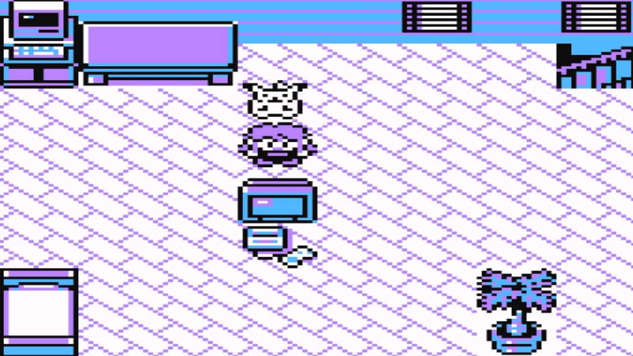 A pixelated video game scene featuring a character and a Pikachu in a room with a bed, computer, TV, and plant. The room has a striped floor pattern and is colored in shades of purple and blue, capturing the essence of the Pokemon world.
