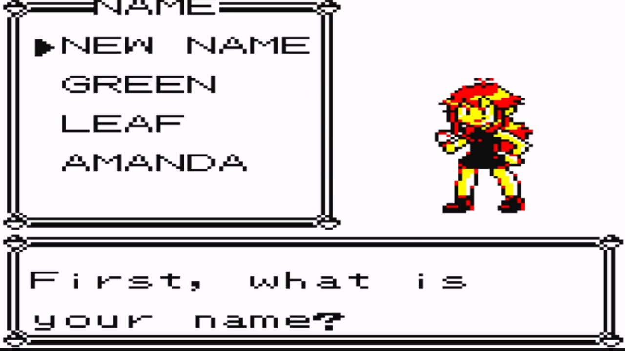 A video game screen displays a character selection menu with options: New Name, Green, Leaf, Amanda. Reminiscent of classic Pokémon titles, a character with red hair and a black outfit is shown on the right. Text reads: "First, what is your name?